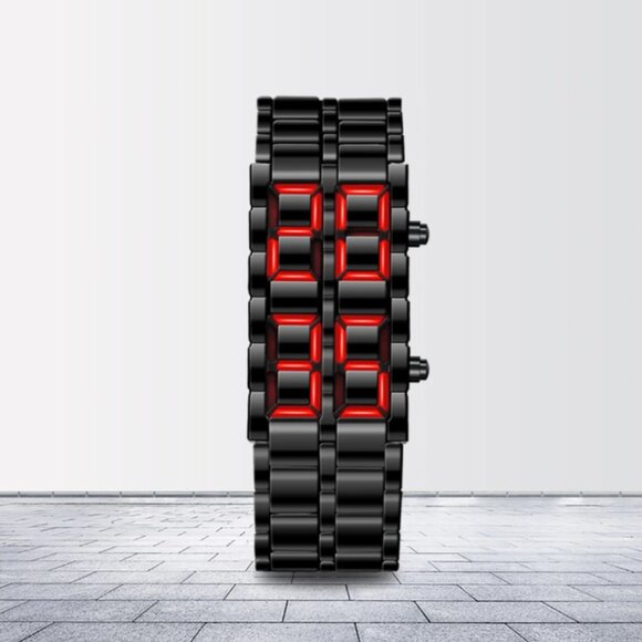LED Digital Watch, Black & Red Stainless Steel Lava Style, Samurai Bracelet - Picture 9 of 9
